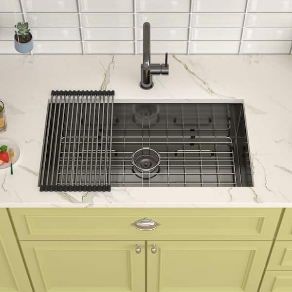 Qidian 33 in. Undermount Single Bowl 16-Gauge Gunmetal Black Stainless Steel Kitchen Sink with Bottom Grids