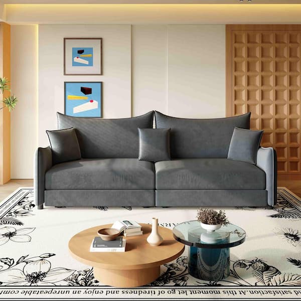 81.9 in. Square Arm Velvet Rectangle Sofa with Sofa Bed and Pillows in Dark Gray (Seats 3)