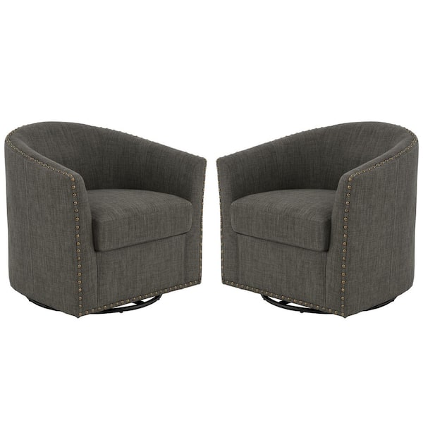 Uixe Gray Linen Metal Base Upholstered 360° Swivel Accent Barrel Chair With Nailhead Trim(Set of 2)
