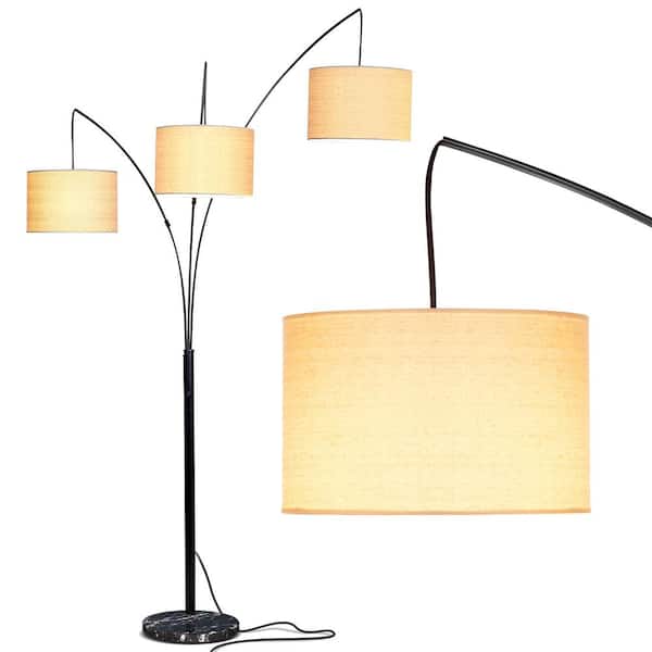 Brightech Trilage 84 in. Classic Black Mid-Century Modern 3-Light Adjustable LED Floor Lamp with 3 Beige Fabric Drum Shades