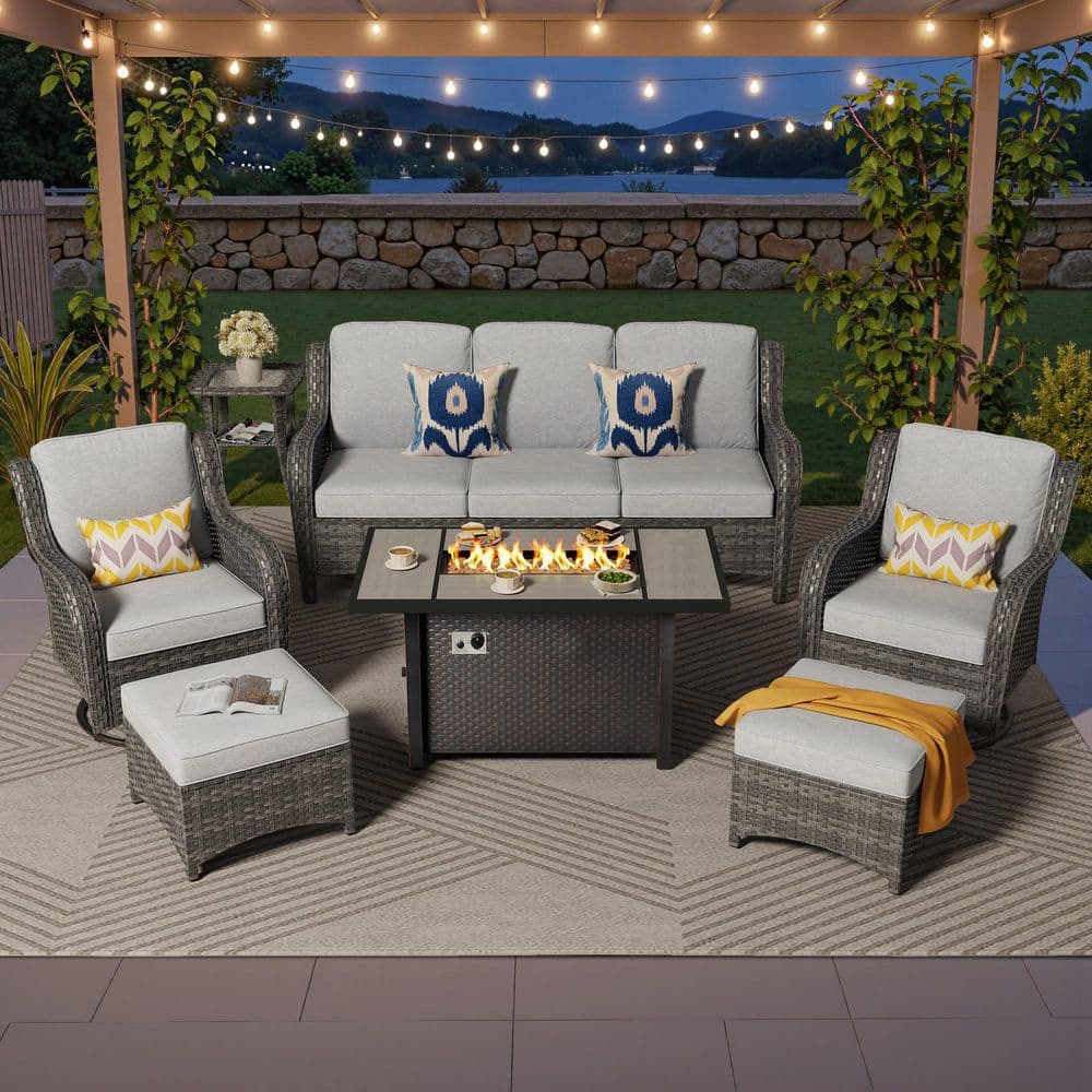 Bali 7 Pieces Wicker Outdoor Patio 42 in. Rectangular Fire Pit Set and Swivel Rocking Chairs with Gray Cushions