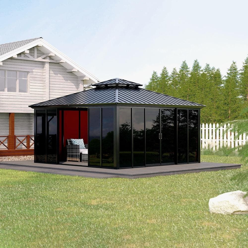 Hardtop Garden Villa Gazebo 12x12 ft Outdoor Solarium with Double Polycarbonate Roof, Weatherproof Aluminum Frame price history on PriceWatchPro