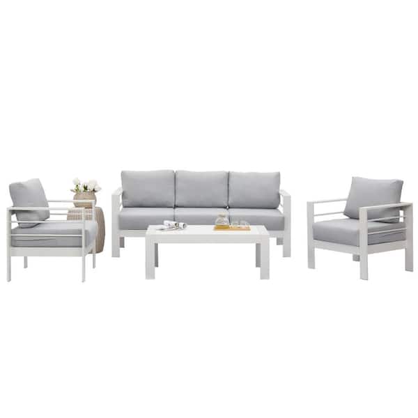 SUNVIVI White 4-Piece Aluminum Patio Conversation Set with Light Grey Cushions
