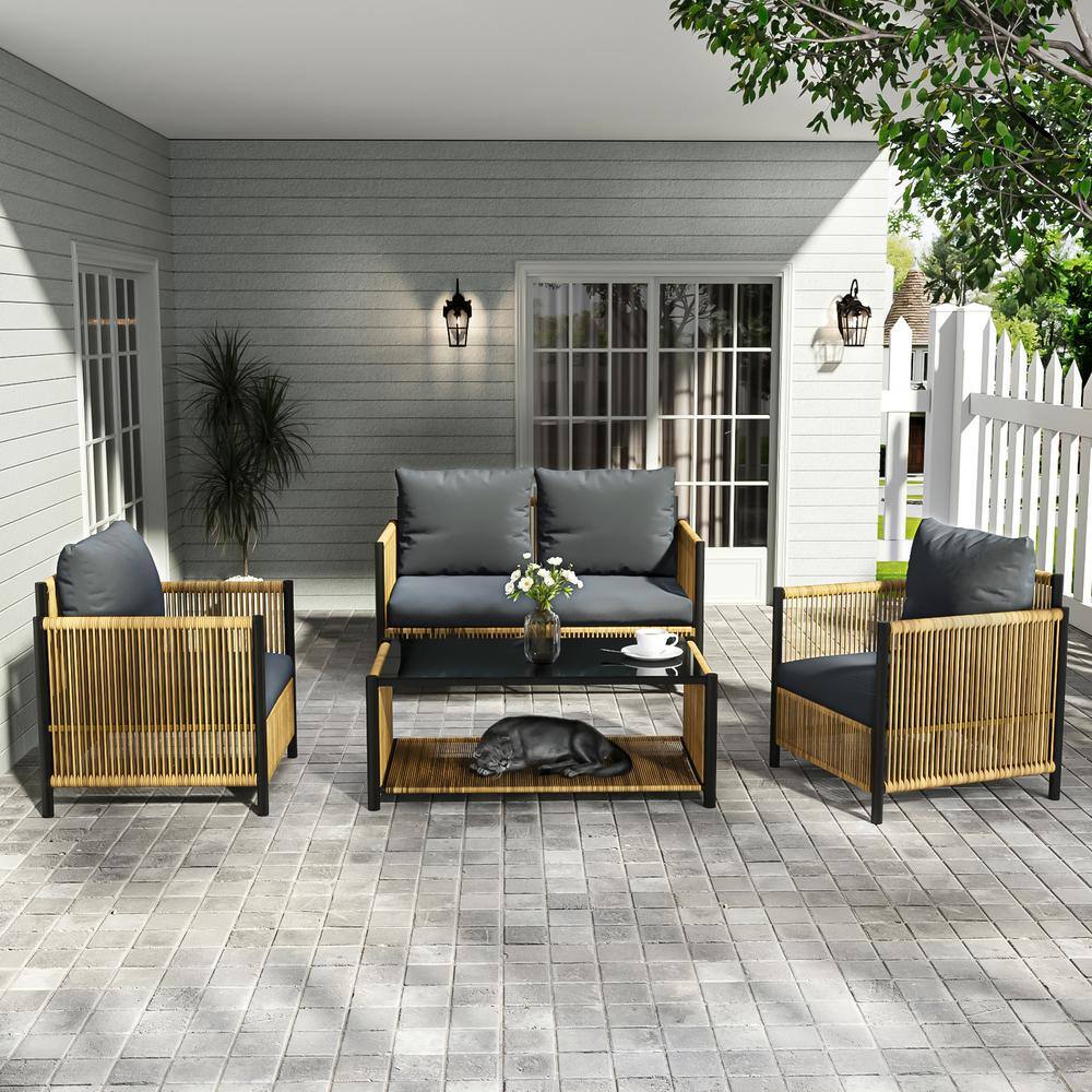 4-Piece Wicker Patio Conversation Set with Coffee Table, Brown PE Wicker Sofa Set with Gray Cushions price history on PriceWatchPro