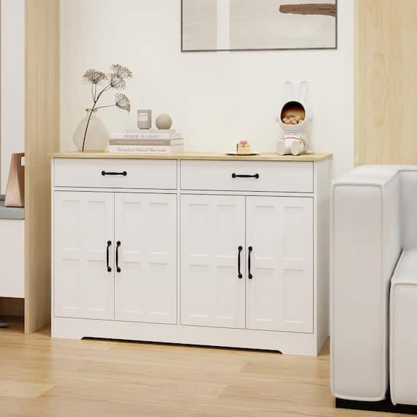 FUNKOL 47.95inx15.35inx32.09in MDF Ready to Assemble Kitchen Cabinet in White with 2 Drawers and 4 Field Cabinet Doors