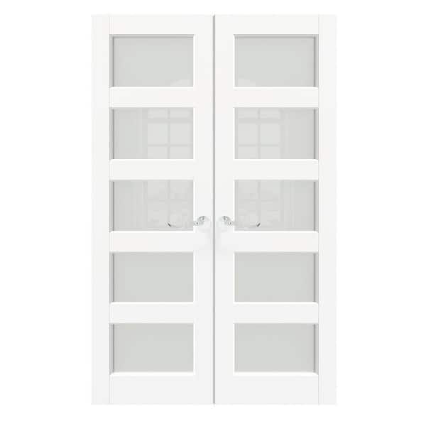 TENONER 48 in. x 80 in. MDF Composite, Primed, White, 5 Lite, Frosted Glass Interior Door Slab with Silver Curved Doorknob