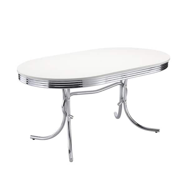 Coaster Retro Glossy White and Chrome Wood Top Oval Pedestal Dining Table Seats 6