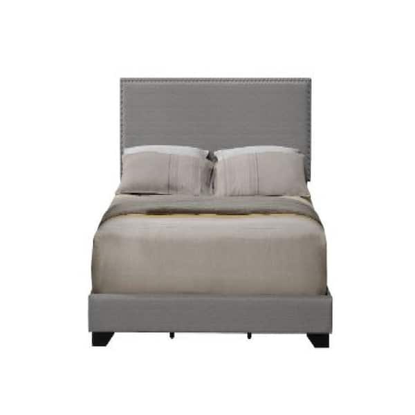Benjara Gray Wood Frame Queen Platform Bed with Nailhead Accent