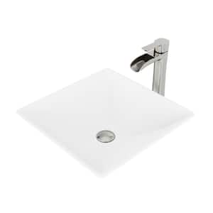 Matte Stone Hibiscus Composite Square Vessel Bathroom Sink in White with Niko Faucet and Pop-Up Drain in Brushed Nickel