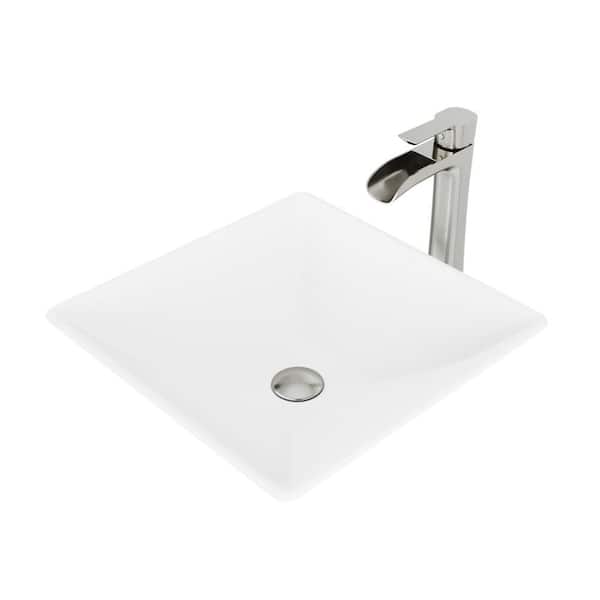 VIGO Matte Stone Hibiscus Composite Square Vessel Bathroom Sink in White with Niko Faucet and Pop-Up Drain in Brushed Nickel