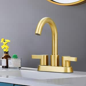 Modern 4 in. Centerset Double Handle High Arc Bathroom Faucet with Drain Kit Included in Brushed Gold