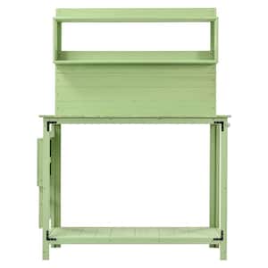 65 in. Garden Wood Workstation Backyard Potting Bench Table with Shelves Side Hook and Foldable Side Table in Green