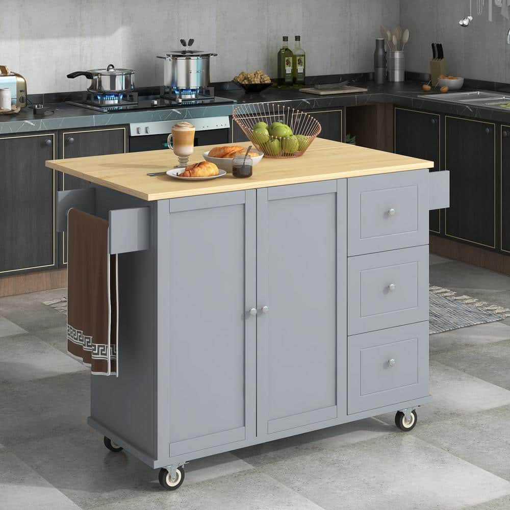 Harper & Bright Designs 52.7 in. W Gray Blue Kitchen Cart Island with Solid Wood Top, Locking Wheels