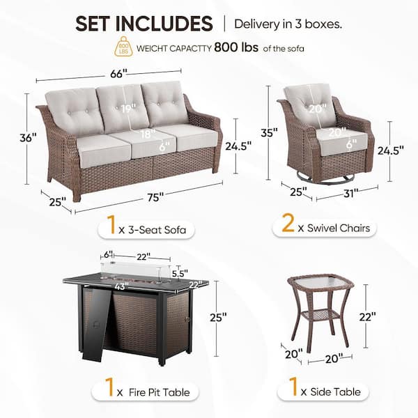 Modern Farmhouse 5-Piece Brown Wicker Patio Fire Pit Conversation Set with Beige Cushions and Rectangle Metal Fire Pit