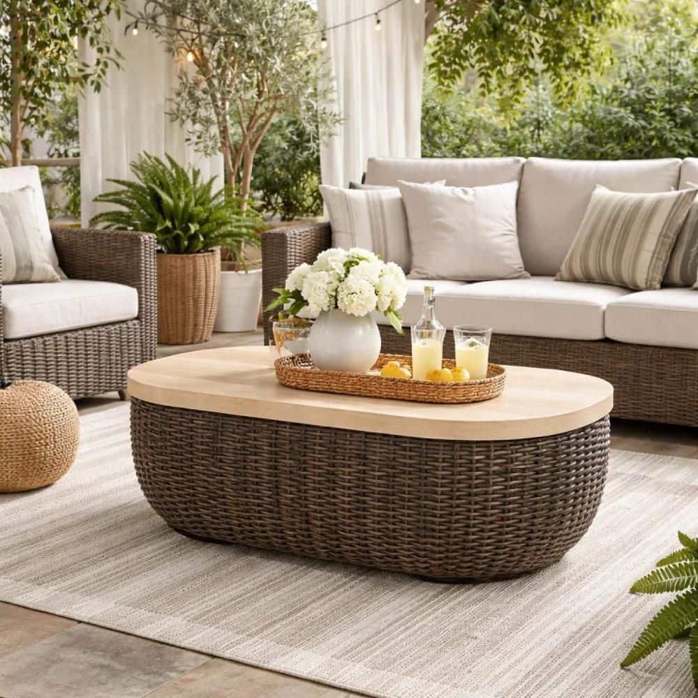 Benjara Kimo Dark Brown and White Rectangle Wicker Outdoor