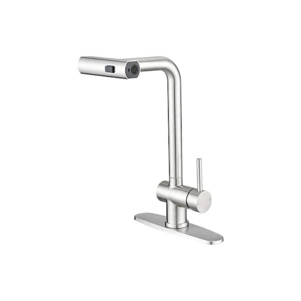 Single Handles Pull Out Sprayer Kitchen Faucet Deckplate Included in Brushed Nickel