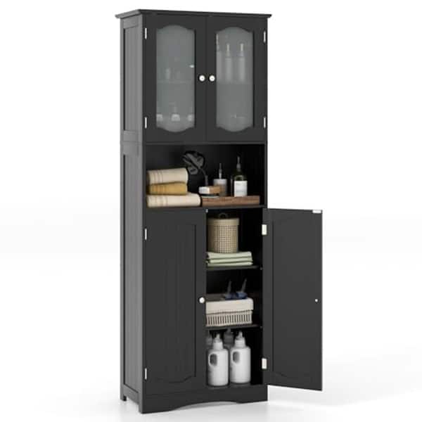 24 in. W x 12 in. D x 65 in. H Black Freestanding Bathroom Linen Cabinet with Frost Glass Doors and Shelves