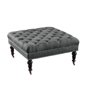Isabelle Charcoal 34.5'' Square Tufted Ottoman with Turned Black Finished Legs