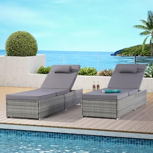 2-Piece Wicker Outdoor Chaise Lounge with Gray Cushions PE Rattan