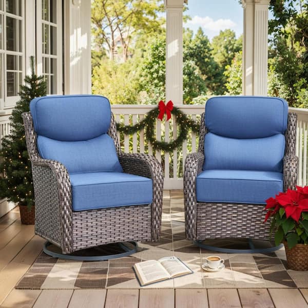 MoonLuxe Brown Wicker Swivel Glider Rocker Outdoor Rocking Chair with Navy Blue Olefin 6 in. Thick Cushions (2-Pack)