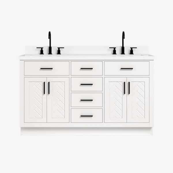 Herringbone 60 in. Double Sink Freestanding Bath Vanity in White with and Pure Quartz Top