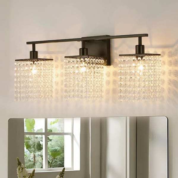 RRTYO Minx 24 in. 3-Light Modern Glam Black Bathroom Vanity Light with ...