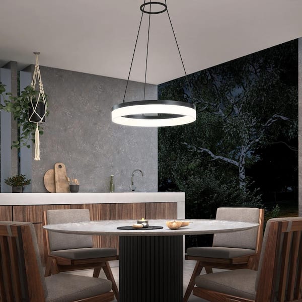 Optical Ring 1-Light Black Modern 3 CCT Intergrated LED Outdoor Ceiling Hanging Porch Pendant-Light