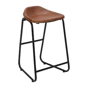 27.7 in. Brown and Black Metal Frame Counter Height Bar Stool with Genuine Leather Bucket Seat