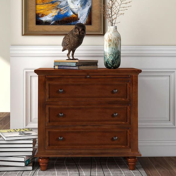 28 in. W Brown Rectangle 3-Drawer Storage Wood End Table with Pull out Tray