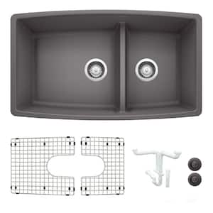 Performa 33 in. Undermount Double Bowl Cinder Granite Composite Kitchen Sink Kit with Accessories