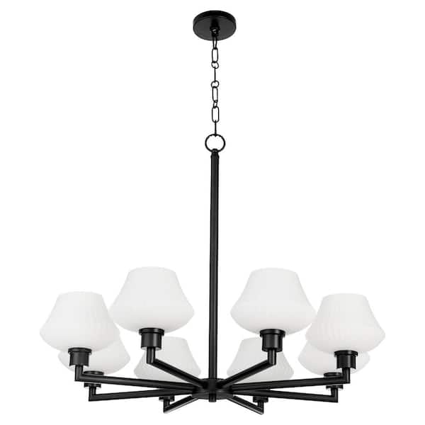 quorum Cassini 60-Watt 8 Light Matte Black Chandelier Light with Satin Opal Glass Shade, No Light Bulb Included