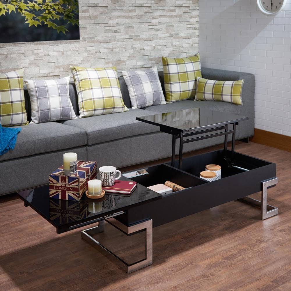 Black and Chrome Rectangular Lift-Top Coffee Table with Storage