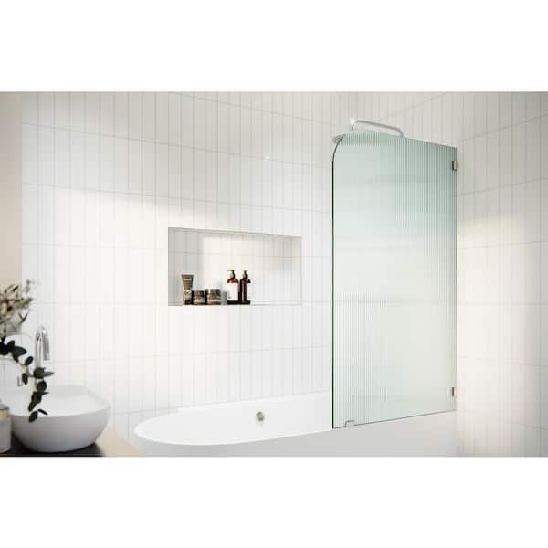 Glass Warehouse Aurora 30 in. W x 58.25 in. H Left-Hand Single Fixed Frameless Fluted Frosted Bath Panel Radius Shower Tub Door