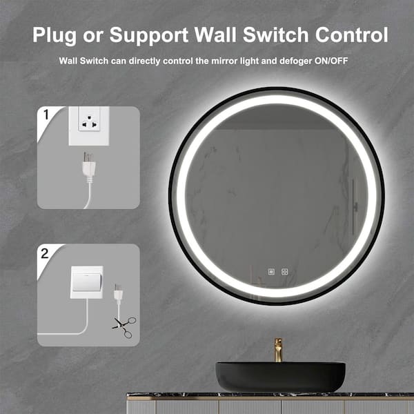 32 in. W x 22 in. H Round Black Frame Wall Mounted Led Classy Bathroom Vanity Mirror in Silver with Anti-Fog