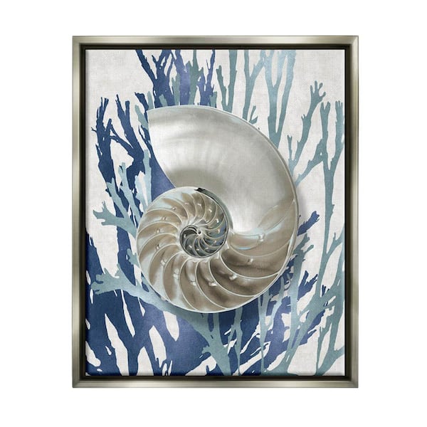 The Stupell Home Decor Collection Shell Coral Beach Blue Design by Caroline Kelly Floater Frame Nature Wall Art Print 17 in. x 21 in. .