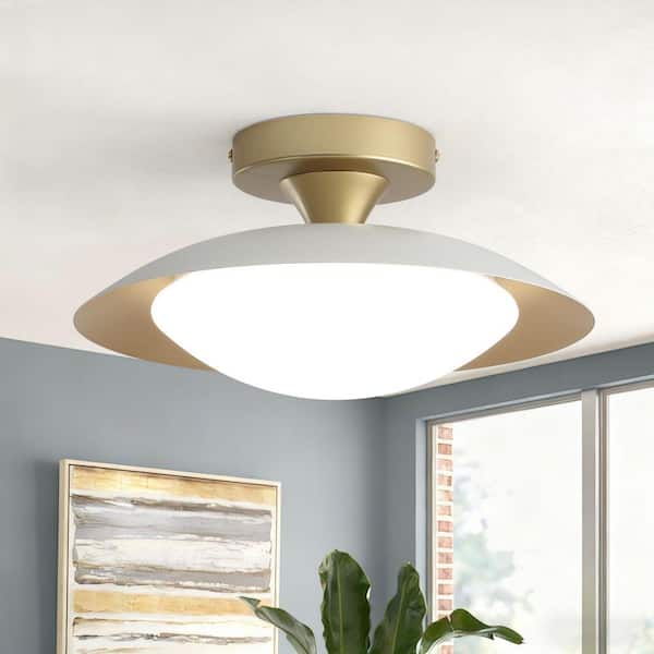 11.8 in.1-Light Gold Industrial LED Semi-Flush Mount with White Metal Dome Shade and Bulb Included