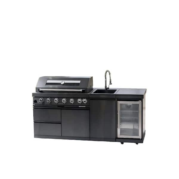 6-Burner Propane Outdoor Kitchen Grill Island with Refrigerator, Sink, Granite Countertops in Stainless Steel