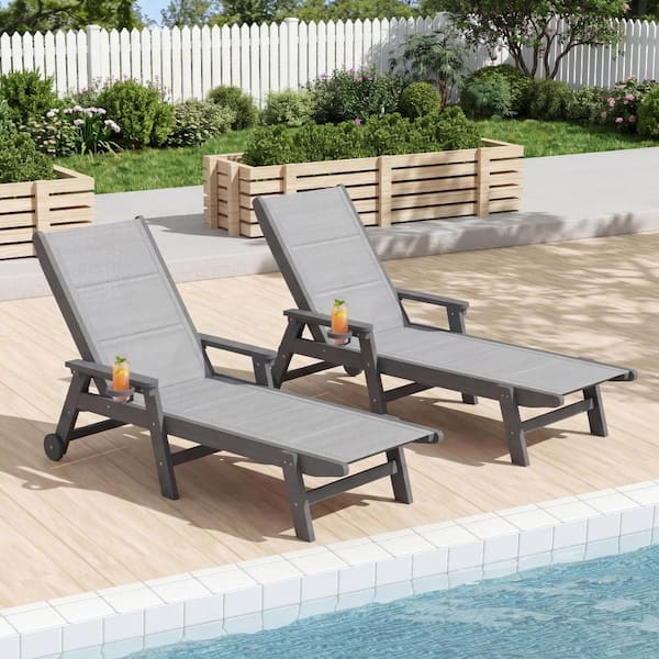 Gray HDPE Outdoor Pool Chaise Lounge with Wheels for Pool, Sunbathing Tanning, Lawn Set of 2