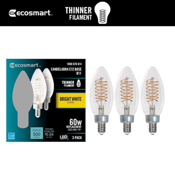 EcoSmart 60-Watt Equivalent B11 Dimmable E12 Candelabra Fine Bendy Filament LED Vintage Edison Light Bulb Bright White (3-Pack)