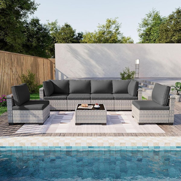 7-Piece Wicker Outdoor Sectional Set Sofa Couch with Dark Grey Cushions