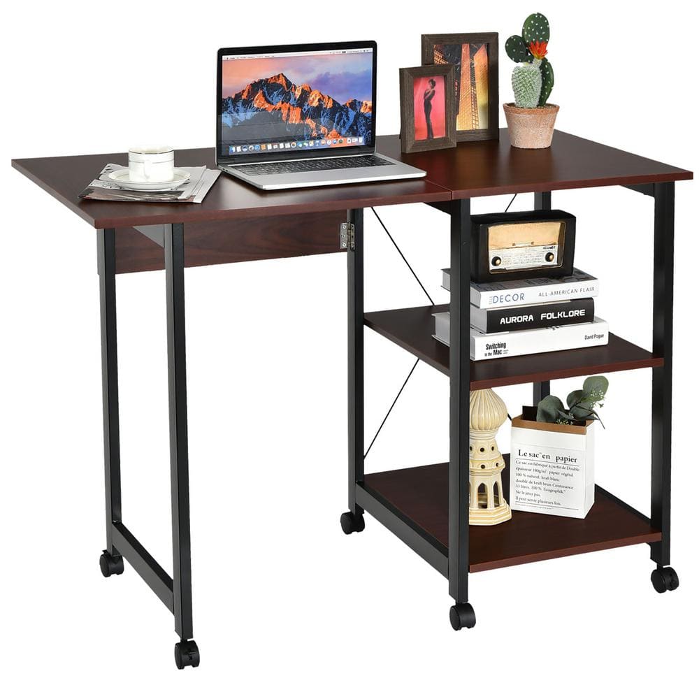 Brown computer desk with storage shelves.