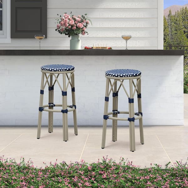 Modern Aluminum Backless Rattan Bar Height Outdoor Bar Stool with Navy Blue and White Cushion, Champagne(2-Pack)