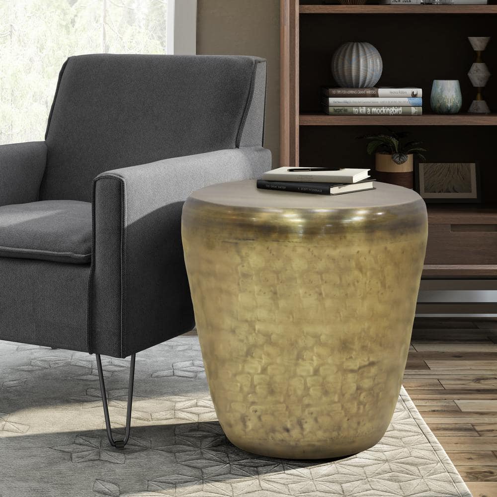 Antique Gold 20" Round Metal Drum Side Table
