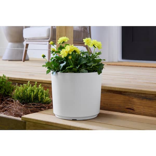 Eloise Medium White Plastic Cylinder Planter with Drainage Hole (13 in. L x 13 in. W x 10 in. H)
