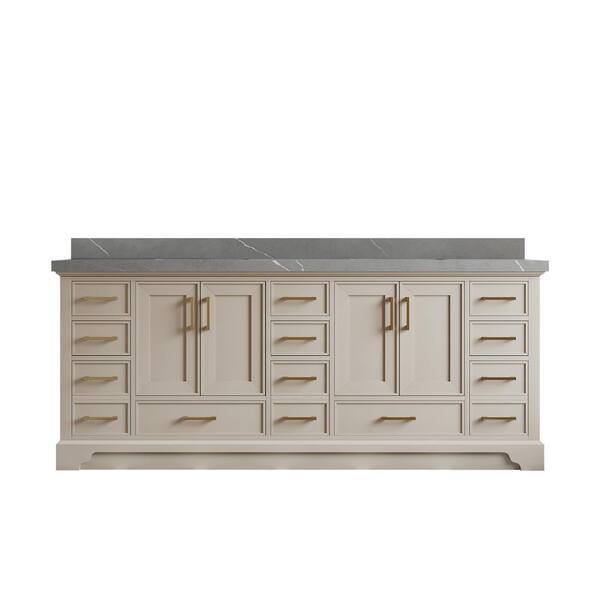 Willow Collections Charlotte 84 in. Double Sink Freestanding Black Top Bath Vanity with Piatra Gray Qt. Top Unassembled