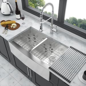 33 in. Farmshouse Double Bowl 18 Gauge Brushed Nickel Stainless Steel Kitchen Sink with Bottom Grids