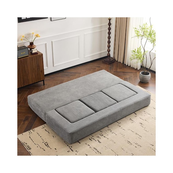 Modern 79.14 in. Light Grey Chenille Full Size High-Resilience Foam Sleeper Sofa Bed with 3-Ottomans
