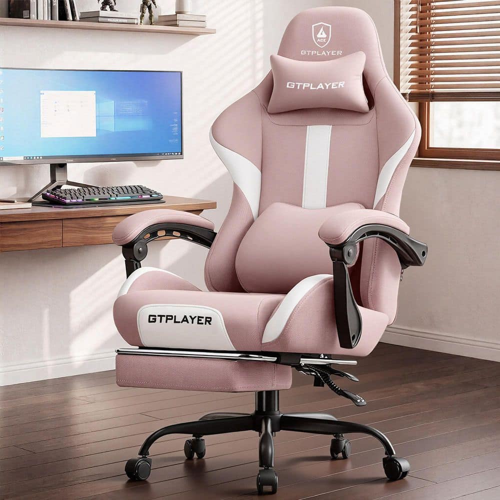 Gaming Chair Fabric Computer Chair with Foot Rest and Pocket Spring Cushion Ergonomic Computer Desk Chair, Pink