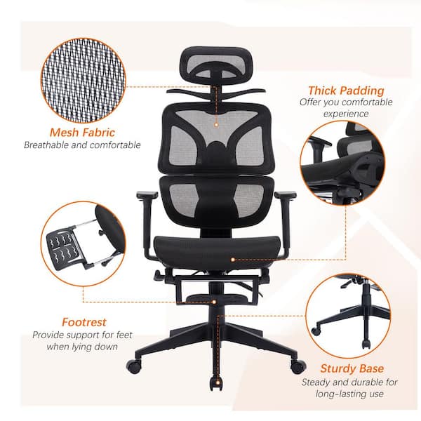 Office Chair Fabric Swivel Ergonomic Swivel Task Chair in Black with Arm, Backrest and Retractable Footrest