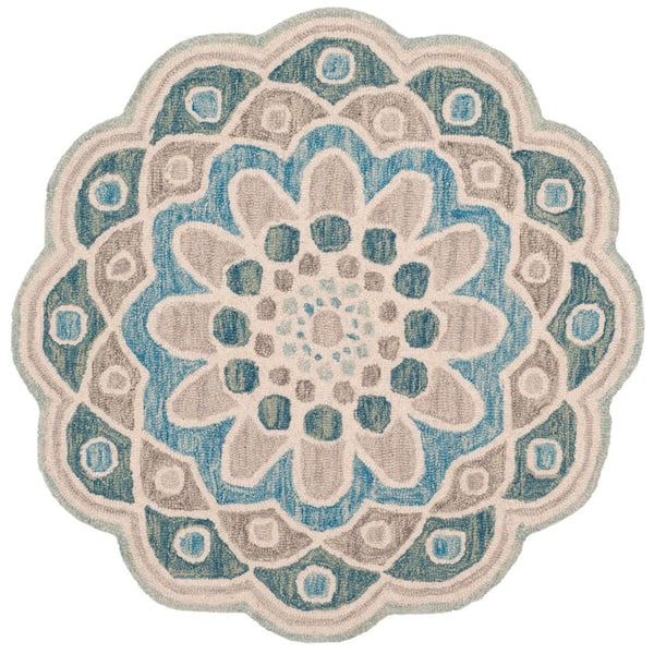 Novelty 3 ft. x 3 ft. Gray/Blue Floral Round Area Rug
